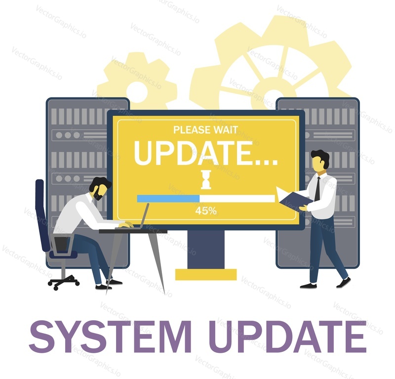 Системные администраторы, обновляющие операционную систему, плоская векторная иллюстрация. Установка программного обеспечения, обновление или техническое обслуживание компьютерной системы.