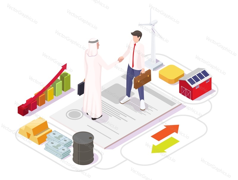 Arab investments in agriculture flowchart, flat vector isometric illustration. Business partners shaking hands, farm building, windmill, money, oil barrel, gold ingots. Investing in farming industry.