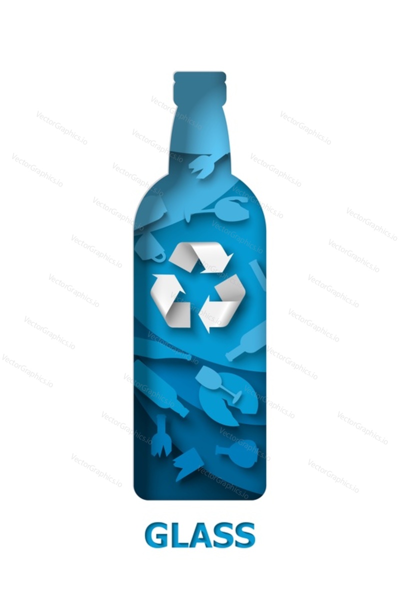 Recycle glass bottle with glass garbage and recyclable material sign, vector illustration in paper art craft style. Waste reuse and recycle. Save environment.