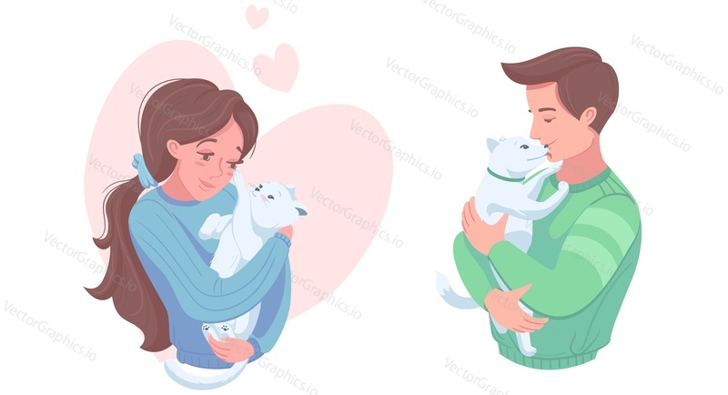 Happy pet owners with cute puppy and kitten, flat vector illustration. Smiling girl and boy petting dog and cat. Pet ownership, domestic animal care and love.