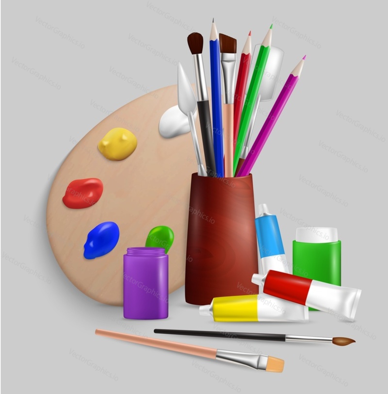 Art combo kit. Realistic artist palette, painting brushes, paint tubes and jars, knives, pencils, vector illustration. Art tools and supplies.
