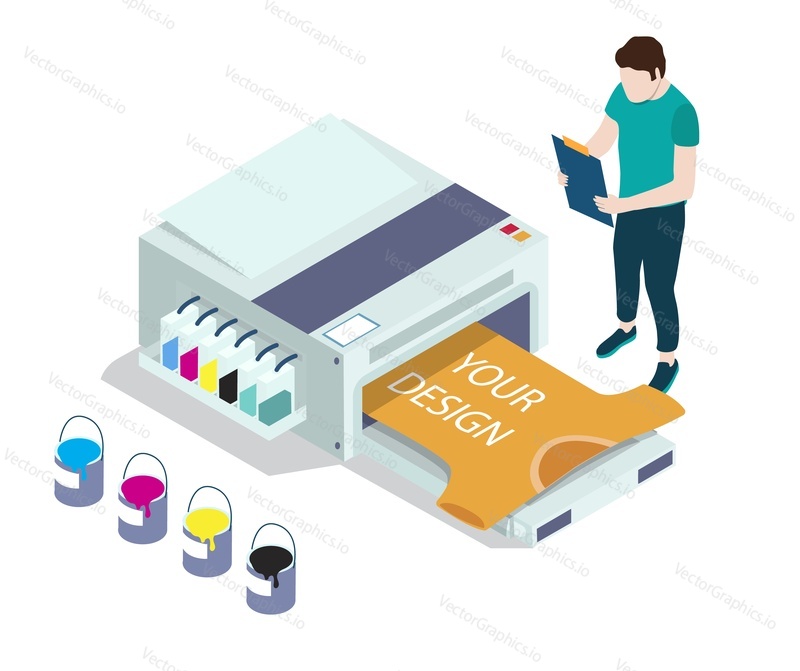 Custom t-shirt and apparel printing, flat vector isometric illustration. Custom merchandise. Print shop service.