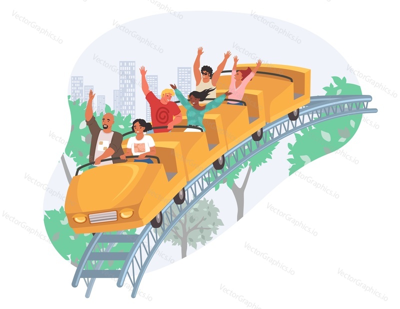 Roller coaster ride, flat vector illustration. Happy excited people riding rollercoaster fast open train. Fairground, amusement park attraction. Entertainment, leisure activity.