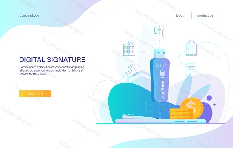 Digital signature landing page design, website banner template, flat vector illustration. Usb key token and smartphone with pen and money. Digital document signing.