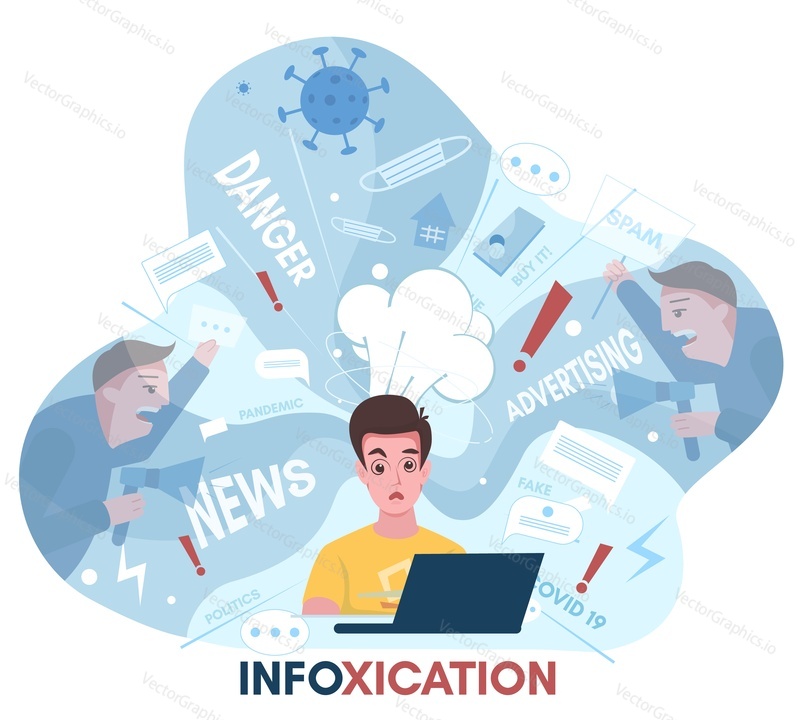 Young man overloaded with news from internet, social networks, flat vector illustration. Politics, covid-19, advertising. Too much information blows his mind. Information overload, infoxication.