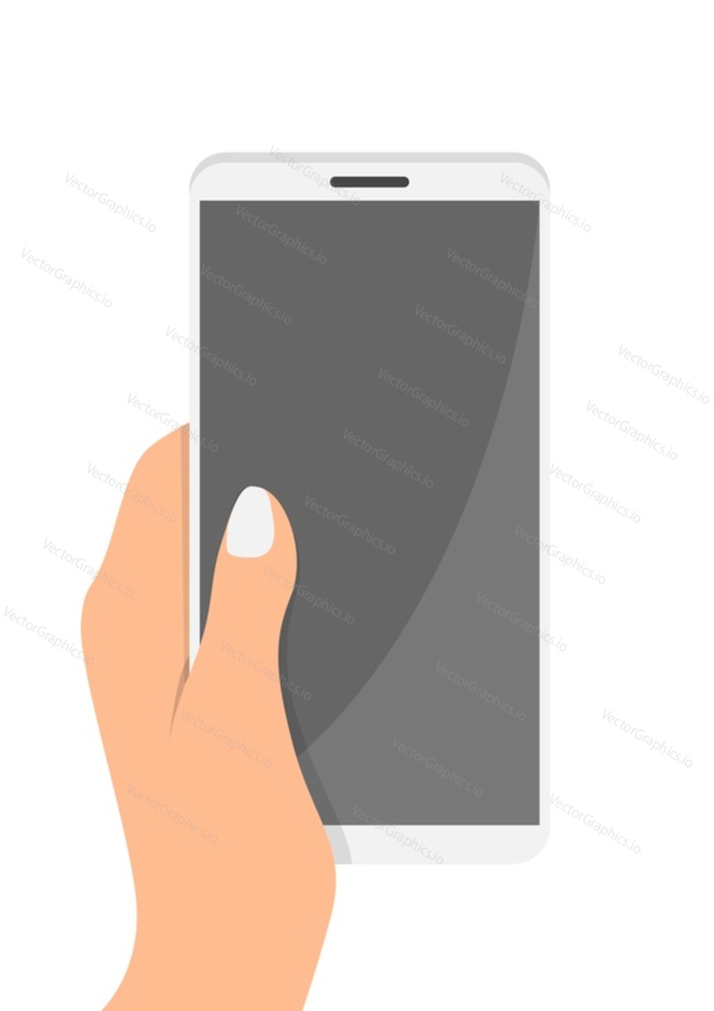 Female hand holding smartphone, flat vector illustration. Hand interacting with modern mobile phone vertical mockup.