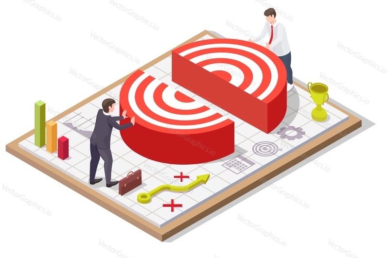 Business people connecting target pieces together, flat vector isometric illustration. Team work, collaboration, partnership.