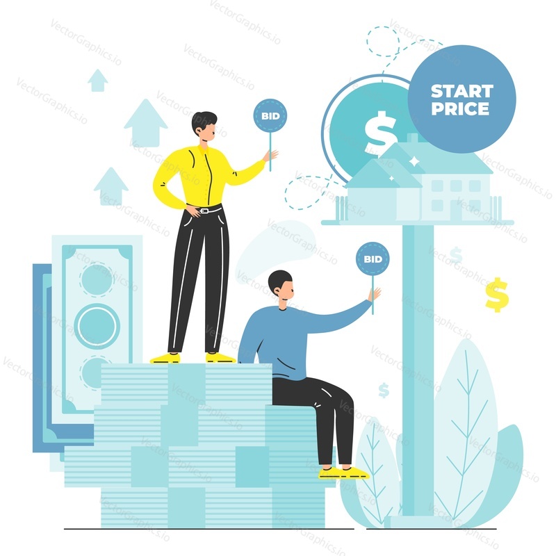 Real estate auction and bidding. Bidders offering prices with bid paddles sitting and standing on money stack, flat vector illustration. Property buying and selling from auction.