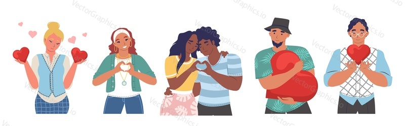 People holding, giving hearts sharing love to others, flat vector isolated illustration. Romantic feelings, love relationship.