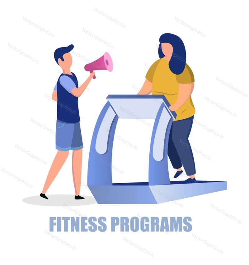 Obese young woman running on treadmill, flat vector illustration. Fitness and weight loss programs, overweight, gym workout, healthy lifestyle.