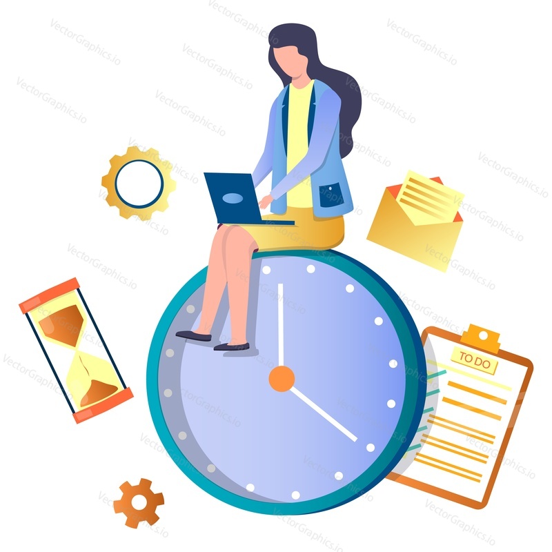 Woman working on laptop sitting on huge clock, flat vector illustration. To do list. Hourglass. Time management, planning, scheduling, deadline.