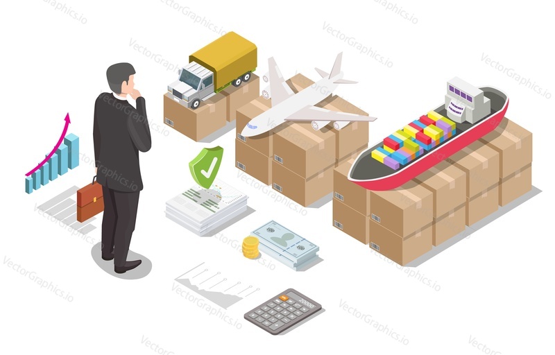 Businessman choosing cargo shipping and logistics company, flat vector isometric illustration. Selection of transportation vehicles. Sea, air, road freight delivery.