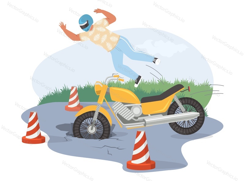 Авария на мотоцикле, плоская векторная иллюстрация. Байкер падает с мотоцикла после попадания в выбоину или въезда в яму на дороге. Дорожно-транспортное происшествие с выбоиной.