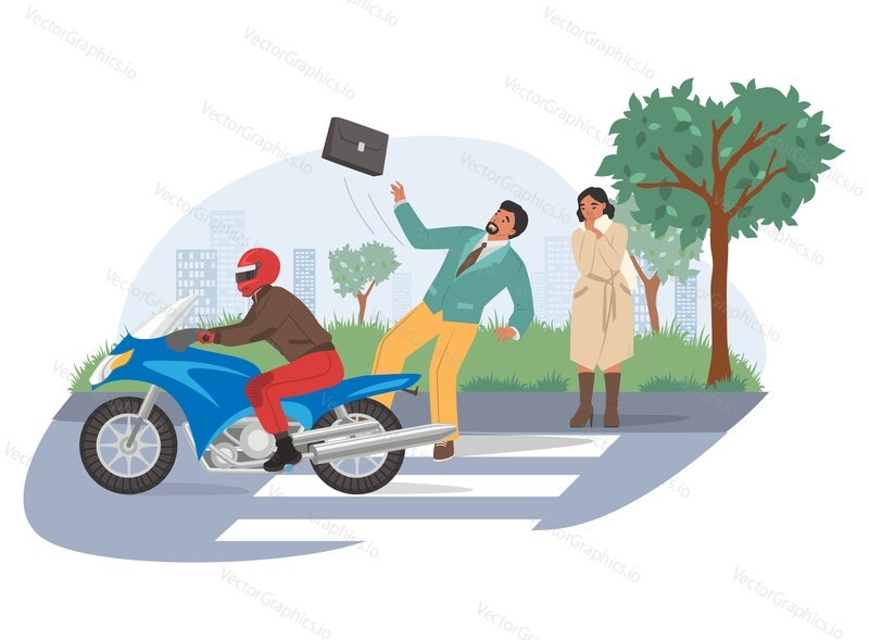 Motorcycle accident, flat vector illustration. Motorcyclist struck pedestrian on crosswalk. Road traffic accident.