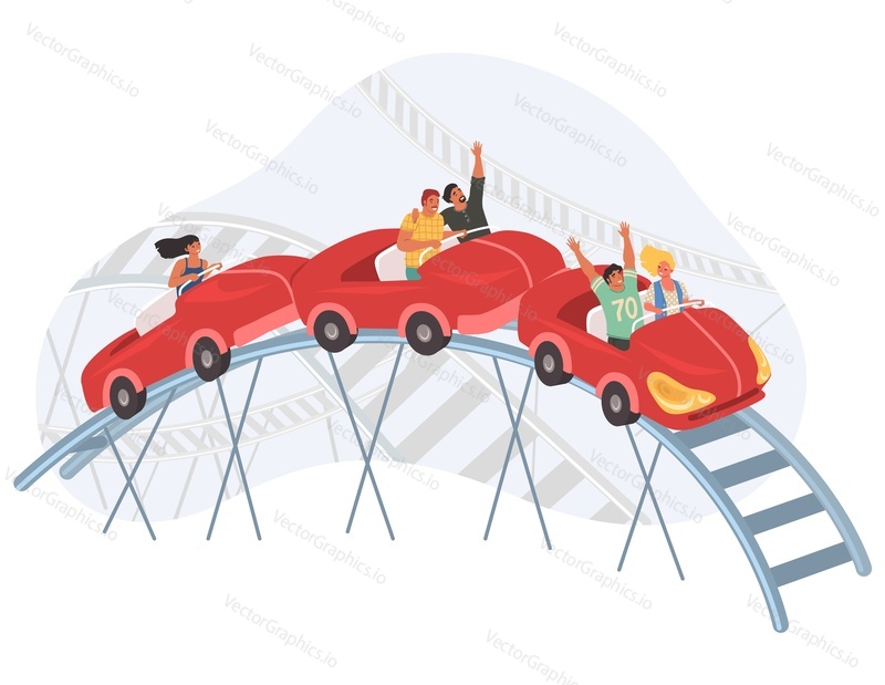 Roller coaster ride, flat vector illustration. Happy excited people riding fast open cars. Fairground, amusement park attraction. Entertainment, leisure activity.