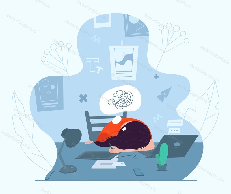 Female graphic designer experiencing creative crisis or block, flat vector illustration. Woman sleeping sitting at table in front of laptop. Creativity crisis, anxiety, fatigue, headache, depression.