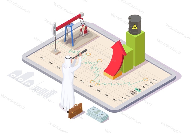 Arab businessman looking at raising arrow chart with oil barrel on the top through telescope, flat vector isometric illustration. Oil price growth, petroleum industry.