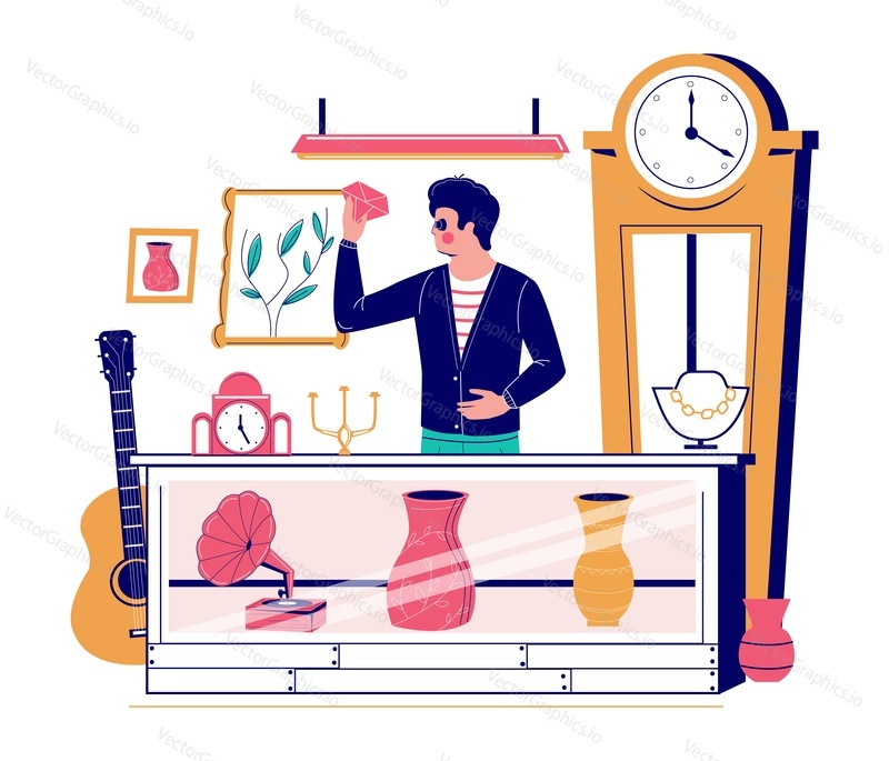 Pawnbroker, jeweller looking at luxury diamond gemstone standing at display counter with antique vases, gramophone, flat vector illustration. Pawn shop services.
