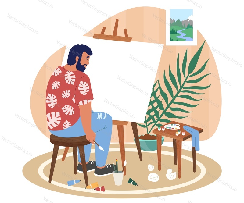 Творческий кризис. Грустный человек-художник сидит за мольбертом, тюбики с краской разбросаны по полу, плоская векторная иллюстрация. Творческий кризис и эмоциональное выгорание, депрессия.