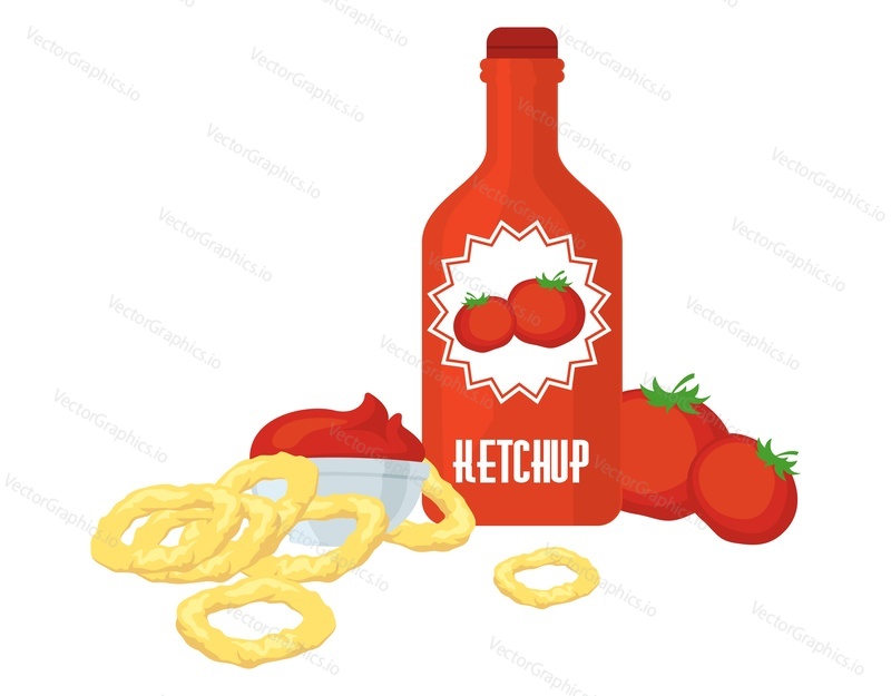 Бутылка томатного кетчупа со свежими красными помидорами, плоская векторная иллюстрация. Томатный соус.