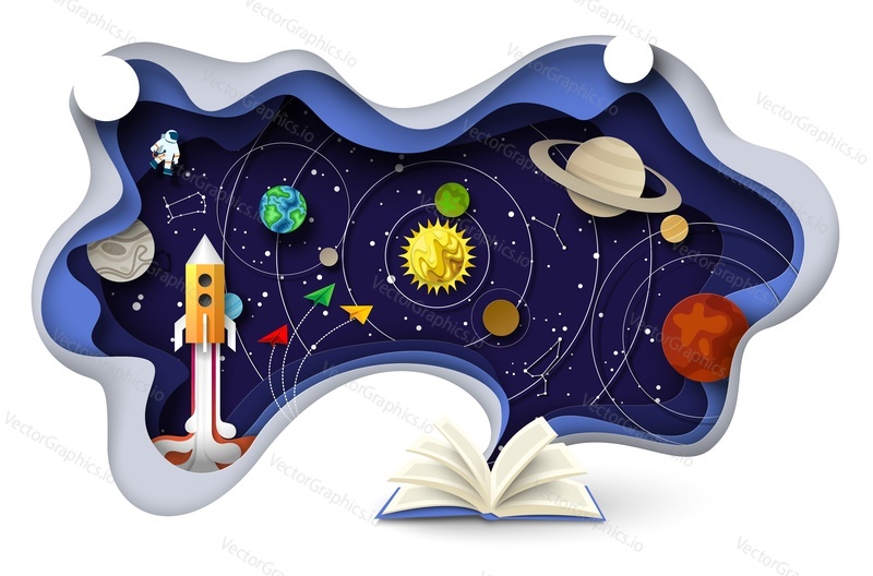 Open book with starry sky, flying rocket, solar system planets orbiting Sun, zodiac constellations and cosmonaut in outer space, vector illustration in paper art style. Astronomy science, education.