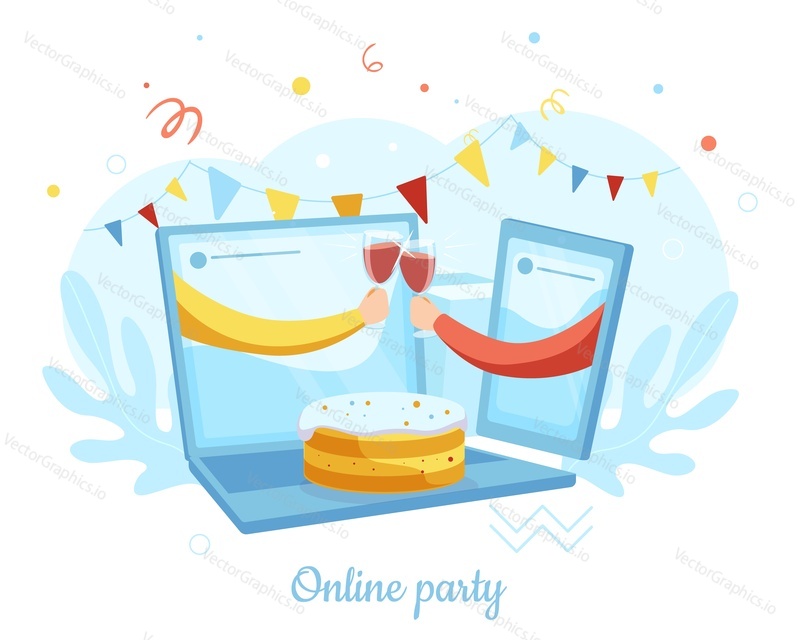 Two hands from laptop and smartphone clinking wineglasses, flat vector illustration. Couple celebrating birthday or holiday event remotely from home. Online party, friends meeting. Video call chat app