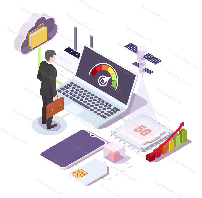 5G wifi high speed internet fllowchart, vector isometric illustration. Businessman looking at internet speed meter on laptop screen. Smartphone, satellite, router, data cloud.