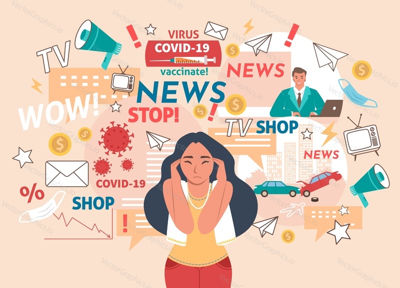 Woman having headache from tv and online news, breaking stories, flat vector illustration. Girl can not stand too much information. Coronavirus cases, vaccination, traffic accidents. News noise.