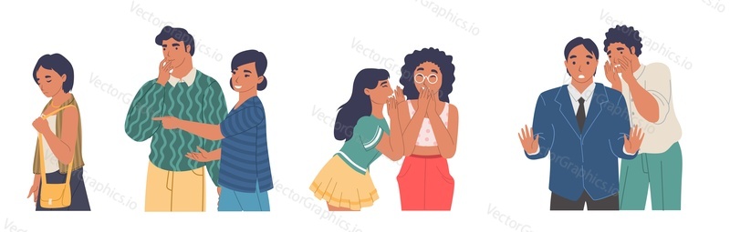 People gossiping, whispering while pointing at passing sad girl, flat vector isolated illustration. Male and female characters spreading rumors.