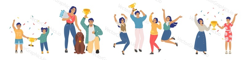 Happy people winners, flat vector isolated illustration. Kids and adults, pet dog owners celebrating victory holding prizes, trophy cups, jumping and having fun.