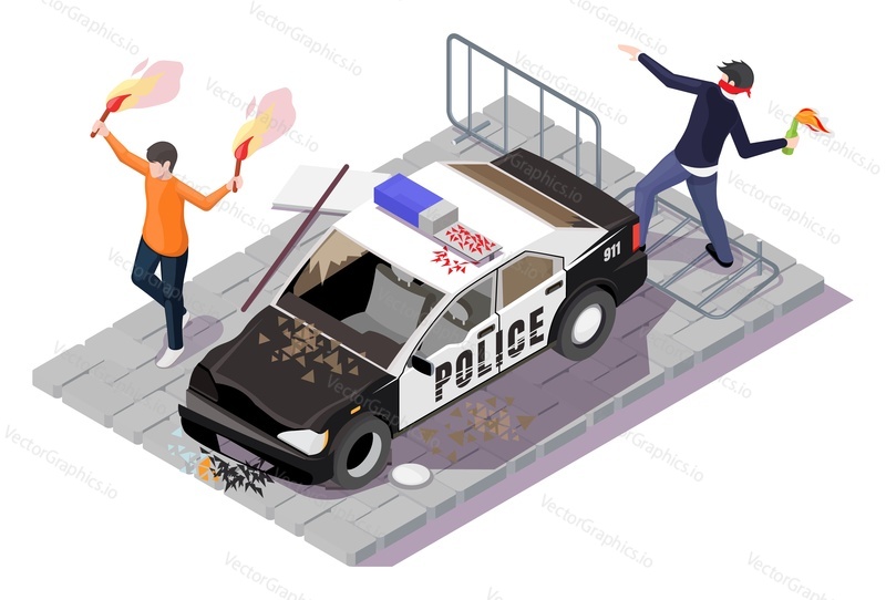 Damaged police car and angry activists with molotov cocktail and burning torches in hands, flat vector isometric illustration. Protest action against the police. Violent public disturbance, riot.