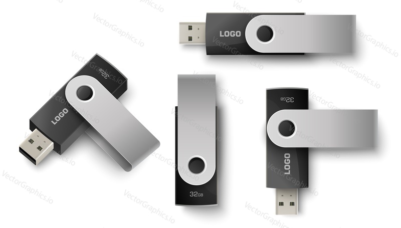 USB flash drive realistic mockup set, vector illustration. Flash memory, usb stick, pen drive template. Portable electronic data storage device.