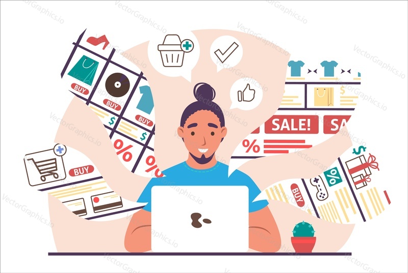 Young man doing shopping online using laptop computer, flat vector illustration. Male character making purchases online. Internet store, e-commerce.