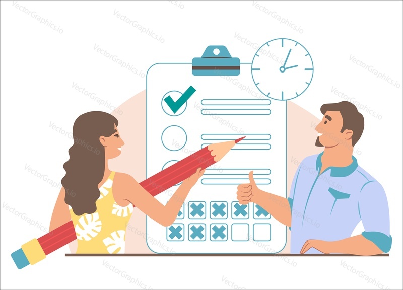 Business people, clipboard with checklist, clock. Woman checking to do list, man showing ok hand sign, flat vector illustration. Task management, planning, time management.