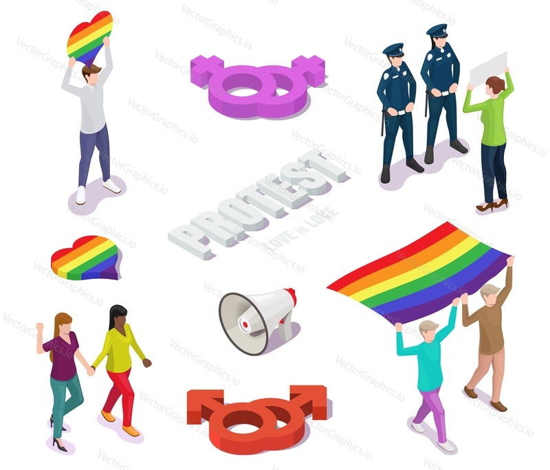 LGBT activists, police officers cartoon characters, rainbow flag, heart, megaphone, flat vector isolated illustration. LGBT protest, movement, rally, march isometric icon set.