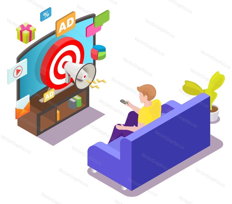 Man watching targeted tv ads sitting on sofa, flat vector isometric illustration. Addressable TV advertising technologies, addressable media, target marketing.