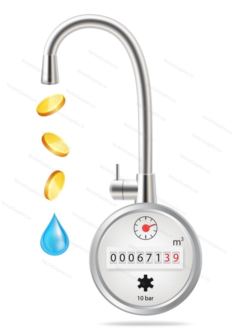 Gold coins and water flowing from kitchen faucet and meter, flat vector illustration. Economize water consumption, saving money concept.