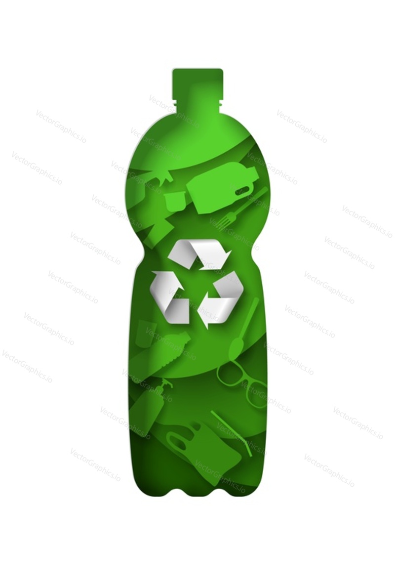 Recycle plastic bottle with plastic garbage and recyclable material sign, vector illustration in paper art craft style. Waste reuse and recycle. Save environment.