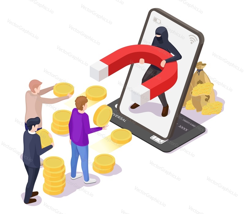 People giving money to thief, cyber criminal from mobile phone attracting cash with magnet, flat vector isometric illustration. Credit card fraud, cyber crime, financial fraud.