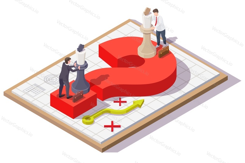 Business people moving chess pieces on red question mark, flat vector isometric illustration. Negotiation strategy and tactics concept.