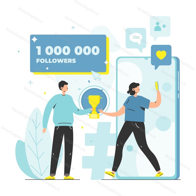1000000 followers, happy bloggers celebrating successful blog goal achievements with trophy cup, flat vector illustration. 1m social media subscribers. Blogging.