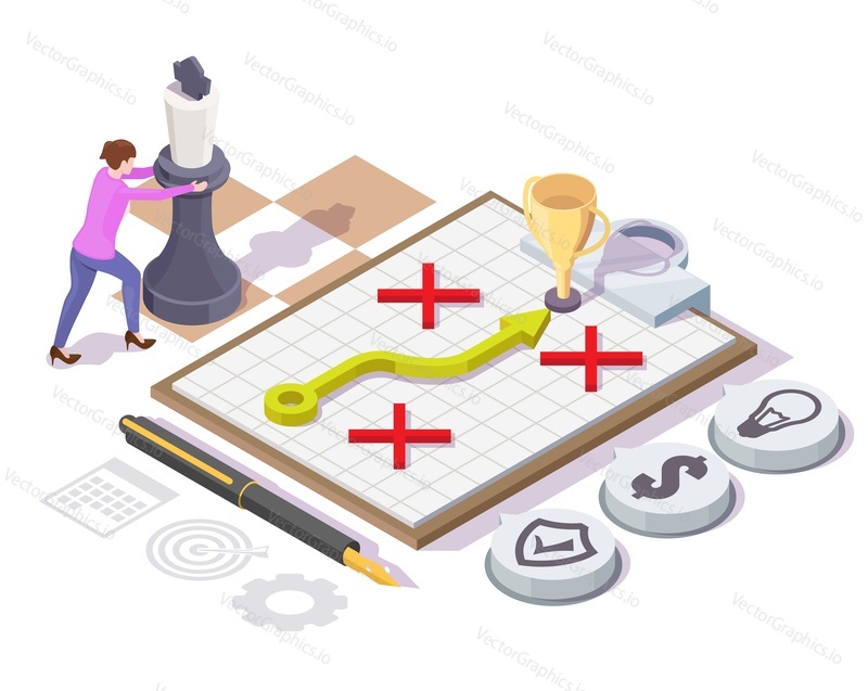 Business woman moving king chess piece on chessboard, flat vector isometric illustration. Business strategy, leadership concept.