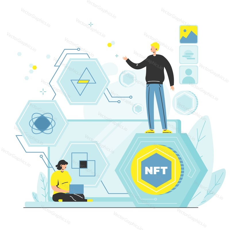 NFT artist selling digital artwork to art collector for cryptocurrency, flat vector illustration. Crypto art. NFT blockchain technology.