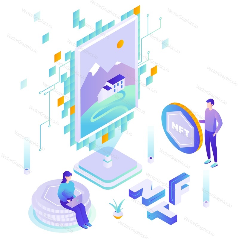 Digital artist selling nft tokens for cryptocurrency, flat vector isometric illustration. Digital crypto art. Non-fungible token.