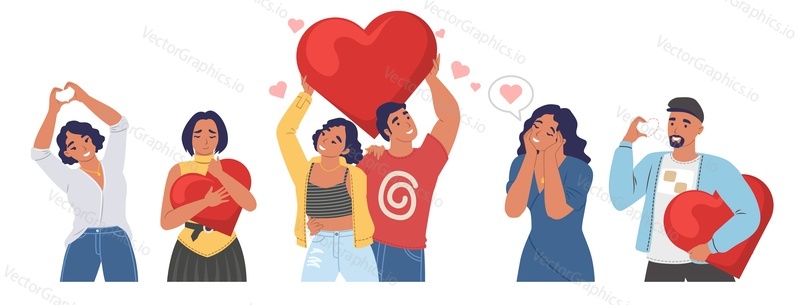 People giving hearts sharing love to others, flat vector isolated illustration. Charity, donation, voluntary help.
