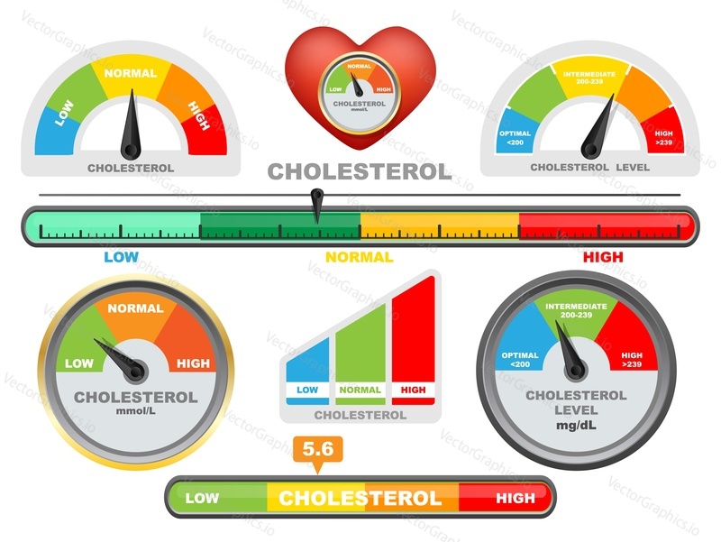 Cholesterol meter, color scale with arrow, flat vector isolated illustration. Low, normal and high cholesterol level measuring device.