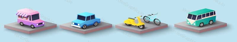 City transport isometric icon set, vector isolated illustration. Paper cut car, bus, motor scooter, bicycle, food truck. Public, eco transport, food van.