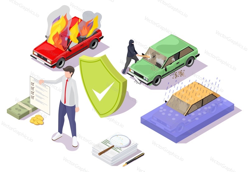 Insurance agent representing auto policy options, protection shield against any car damages, flat vector isometric illustration. Car insurance services.
