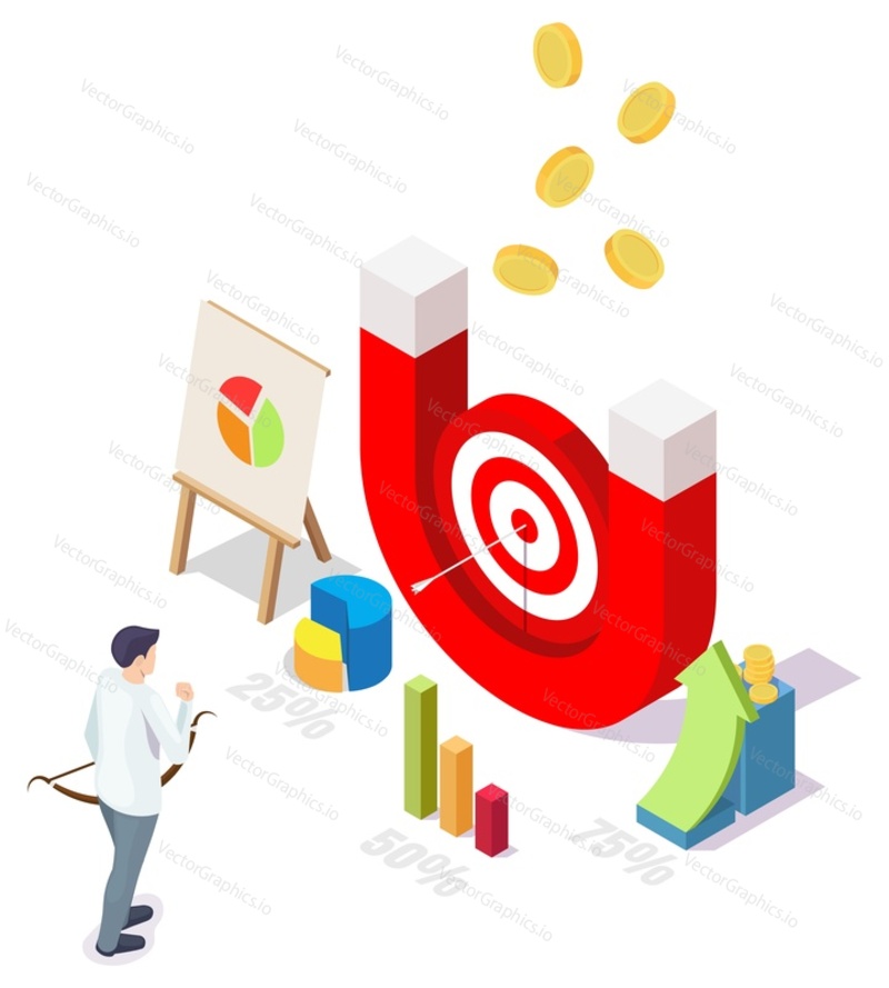 Businessman goal achievements, financial growth, flat vector isometric illustration. Horseshoe magnet target attracting gold coins.