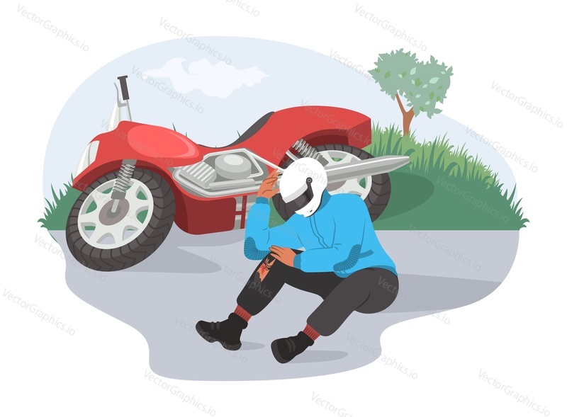 Авария на мотоцикле, плоская векторная иллюстрация. Раненый мотоциклист сидит на дороге рядом со своим поврежденным мотоциклом. Дорожно-транспортное происшествие.